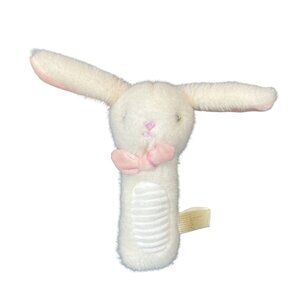 White Bunny Rabbit Rattle Plush Baby Infant Toy Pink Bowtie Rib Belly MTY 10"
